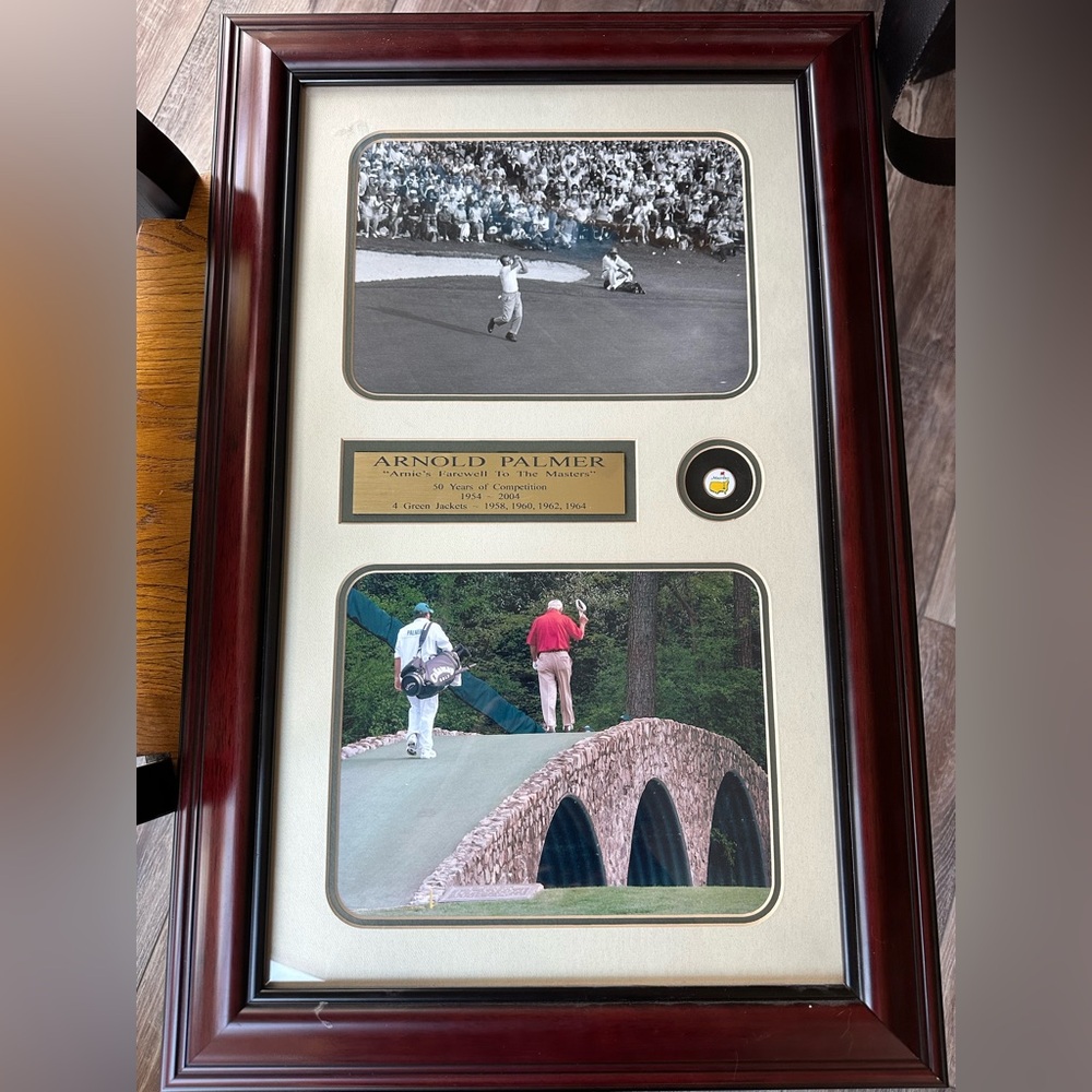 Arnold Palmer Plaque, 2 Photos & Master’s Ball Marker Cherry Framed Set Numbered